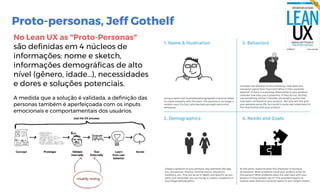 Proto-personas, Jeff Gothelf
No Lean UX as "Proto-Personas"
são definidas em 4 núcleos de
informações: nome e sketch,
informações demográficas de alto
nível (gênero, idade...), necessidades
e dores e soluções potenciais.
A medida que a solução é validada, a definição das
personas também é aperfeiçoada com os inputs
emocionais e comportamentais dos usuários.
 