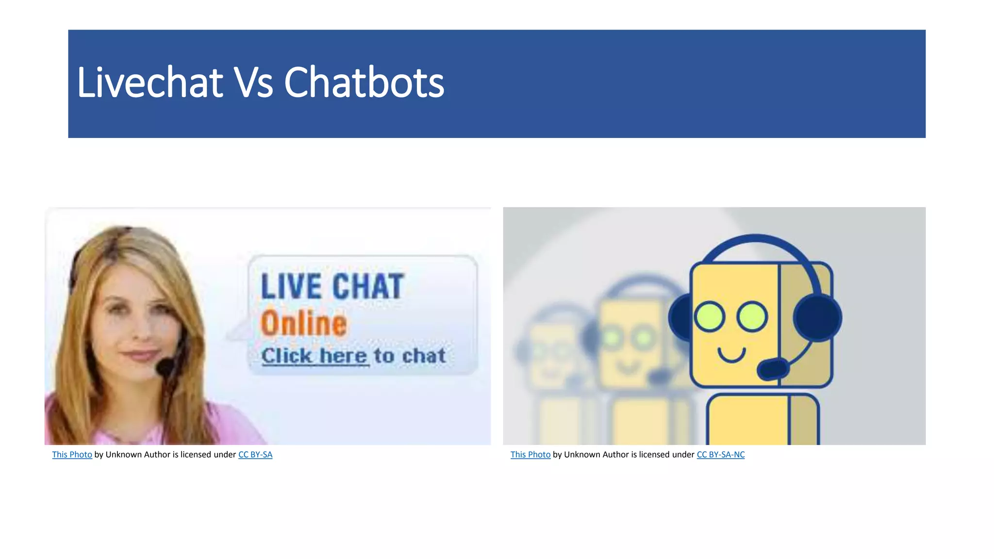 Livechat Vs Chatbots
This Photo by Unknown Author is licensed under CC BY-SA This Photo by Unknown Author is licensed under CC BY-SA-NC
 