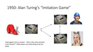 1950: Alan Turing’s “Imitation Game”
Interrogator tries to answer: “who is the male and who
is the female?” Both players are pretending to be the
other
 