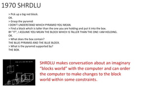 1970 SHRDLU
> Pick up a big red block.
OK.
> Grasp the pyramid
I DON'T UNDERSTAND WHICH PYRAMID YOU MEAN.
> Find a block which is taller than the one you are holding and put it into the box.
BY "IT", I ASSUME YOU MEAN THE BLOCK WHICH IS TALLER THAN THE ONE I AM HOLDING.
OK.
> What does the box contain?
THE BLUE PYRAMID AND THE BLUE BLOCK.
> What is the pyramid supported by?
THE BOX.
SHRDLU makes conversation about an imaginary
“blocks world” with the computer and can order
the computer to make changes to the block
world within some constraints.
 