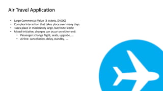 Air Travel Application
• Large Commercial Value (3 tickets, $4000)
• Complex Interaction that takes place over many days
• Takes place in moderately large, but finite world
• Mixed-initiative, changes can occur on either end:
• Passenger: change flight, seats, upgrade, ...
• Airline: cancellation, delay, standby, ...
 