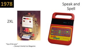 2XL
“toy of the year”
-- Disney's Family Fun Magazine
Speak and
Spell
1978
 