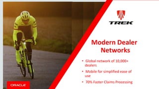 • Modern customer experience across any channel
• Customer self service through mobile, web or
chatbots
• Improved customer experience
and reduced customer service calls by over 50%
Modern Dealer
Networks
• Global network of 10,000+
dealers
• Mobile for simplified ease of
use
• 70% Faster Claims Processing
 