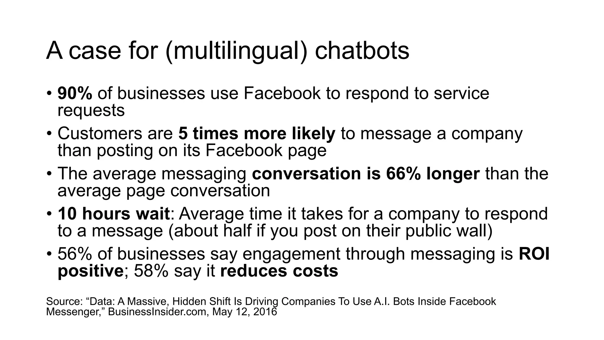 A case for (multilingual) chatbots
• 90% of businesses use Facebook to respond to service
requests
• Customers are 5 times more likely to message a company
than posting on its Facebook page
• The average messaging conversation is 66% longer than the
average page conversation
• 10 hours wait: Average time it takes for a company to respond
to a message (about half if you post on their public wall)
• 56% of businesses say engagement through messaging is ROI
positive; 58% say it reduces costs
Source: “Data: A Massive, Hidden Shift Is Driving Companies To Use A.I. Bots Inside Facebook
Messenger,” BusinessInsider.com, May 12, 2016
 