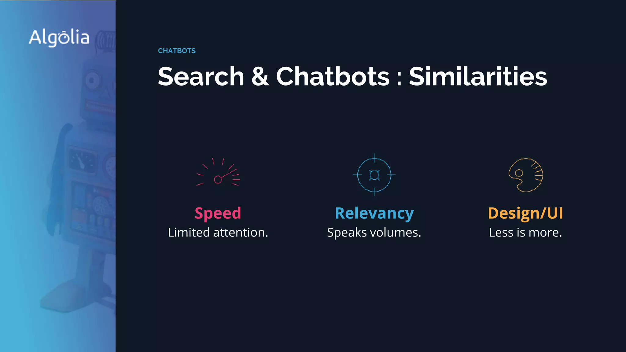 Speed
Limited attention.
Search & Chatbots : Similarities
CHATBOTS
Design/UI
Less is more.
Relevancy
Speaks volumes.