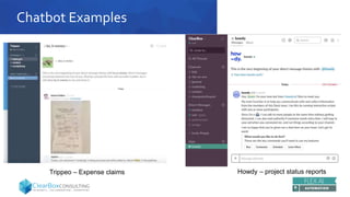 Chatbot Examples
Trippeo – Expense claims Howdy – project status reports
 