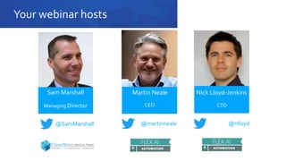 Your webinar hosts
Sam Marshall
Managing Director
@SamMarshall @martinneale
Nick Lloyd-Jenkins
CTO
@nlloyd
Martin Neale
CEO
 