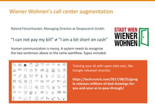 Wiener Wohnen's call center augmentation
Roland Fleischhacker, Managing Director at Deepsearch Gmbh:
“I can not pay my bill”  “I am a bit short on cash”
Human communication is messy. A system needs to recognize
the two sentences above as the same workflow. Typos included.
Training your AI with open data sets, like
Google released recently:
https://techcrunch.com/2017/08/25/goog
le-releases-millions-of-bad-drawings-for-
you-and-your-ai-to-paw-through/
 