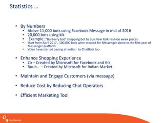 Confidential
Statistics …
• By Numbers
• Above 11,000 bots using Facebook Message in mid of 2016
• 20,000 bots using kik
• Example ;“Burberry bot” shopping bot to buy New York Fashion week pieces
• Start from April 2017 , 100,000 bots were created for Messenger alone in the first year of
Messenger platform
• Voice have started paying attention to ChatBots too
• Enhance Shopping Experience
• Zo – Created by Microsoft for Facebook and Kik
• Ruuh - – Created by Microsoft for Indian Market
• Maintain and Engage Customers (via message)
• Reduce Cost by Reducing Chat Operators
• Efficient Marketing Tool
 