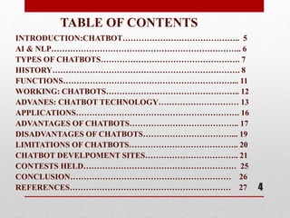 TABLE OF CONTENTS
INTRODUCTION:CHATBOT…………………………………….. 5
AI & NLP…………………………………………………………….. 6
TYPES OF CHATBOTS……………………………………………. 7
HISTORY……………………………………………………………. 8
FUNCTIONS………………………………………………………... 11
WORKING: CHATBOTS………………………………………….. 12
ADVANES: CHATBOT TECHNOLOGY………………………… 13
APPLICATIONS……………………………………………………. 16
ADVANTAGES OF CHATBOTS………………………………….. 17
DISADVANTAGES OF CHATBOTS……………………………... 19
LIMITATIONS OF CHATBOTS………………………………….. 20
CHATBOT DEVELPOMENT SITES…………………………….. 21
CONTESTS HELD………………………………………………… 25
CONCLUSION…………………………………………………… 26
REFERENCES…………………………………………………… 27 4
 