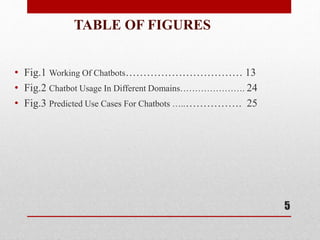 TABLE OF FIGURES
• Fig.1 Working Of Chatbots…………………………… 13
• Fig.2 Chatbot Usage In Different Domains…………………. 24
• Fig.3 Predicted Use Cases For Chatbots …..……………. 25
5
 