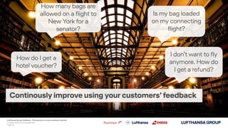 Continously improve using your customers’ feedback
How many bags are
allowed on a flight to
New York for a
senator?
Is my ...