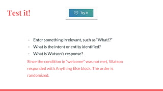 Test it!
- Enter something irrelevant, such as “What!?”
- What is the intent or entity identified?
- What is Watson’s response?
Since the condition in “welcome” was not met, Watson
responded with Anything Else block. The order is
randomized.
 