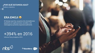 ERA EMOJI 😜
El tiempo que los usuarios de smartphones
pasamos en aplicaciones sociales y de
mensajería aumenta exponencialmente.
+394% en 2016
Informe Flurry Analytics 2016
¿POR QUÉ ESTAMOS AQUÍ?
Chatbots y Salesforce
 