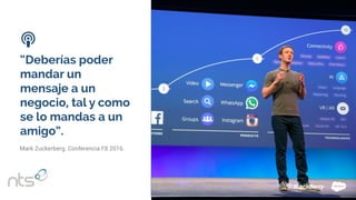 “Deberías poder
mandar un
mensaje a un
negocio, tal y como
se lo mandas a un
amigo”.
Mark Zuckerberg. Conferencia F8 2016.
s
 