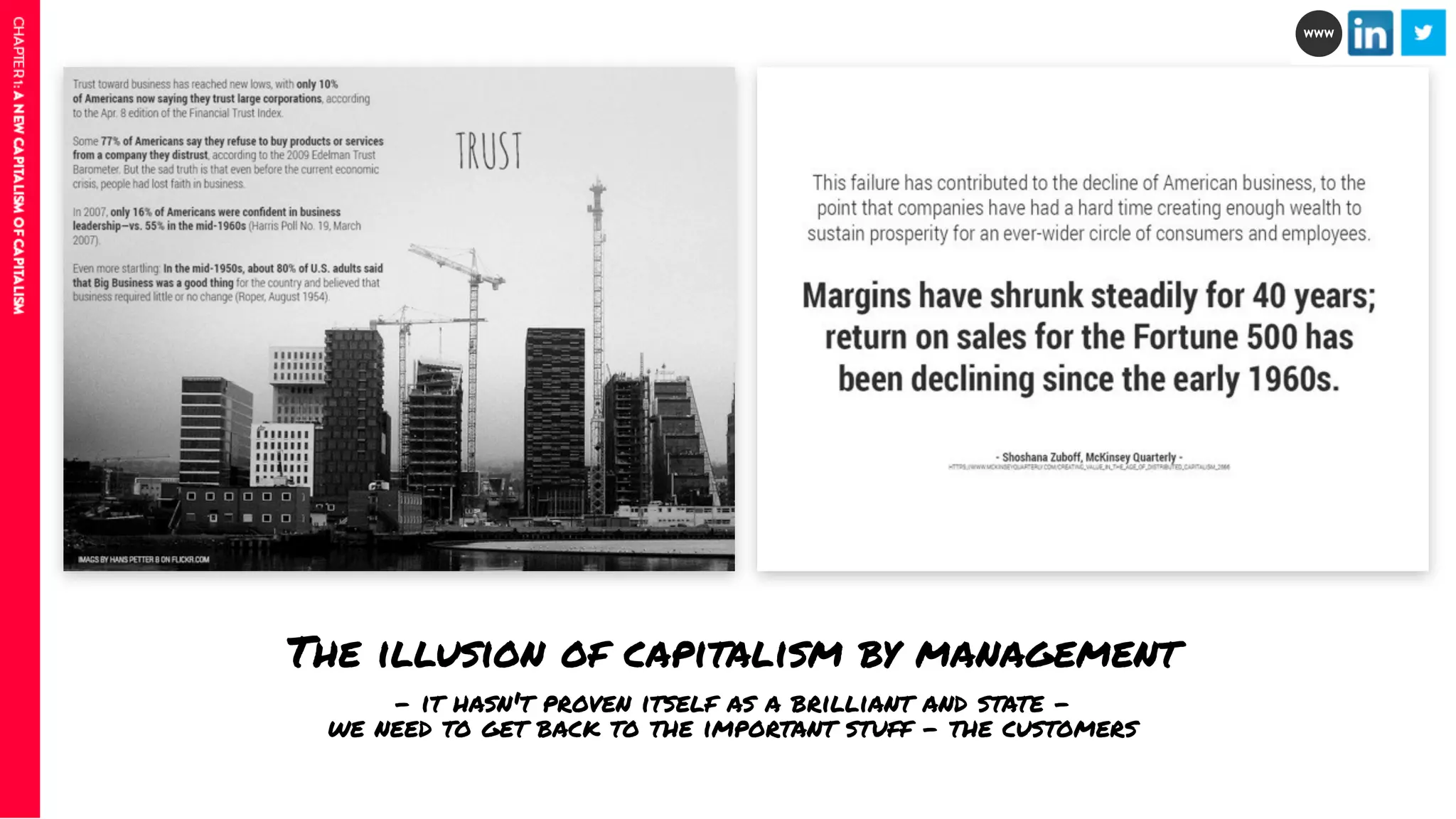 The illusion of capitalism by management 
- it hasn't proven itself as a brilliant and state - 
we need to get back to the important stuff - the customers 
WWW 
 