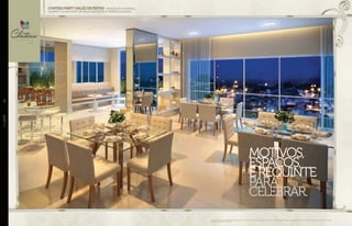 motivos,
espaços,
erequinte
para
celebrar.
CHATEAUPARTY(SALÃODEFESTAS)-INTEGRAÇÃOCOMESPAÇO
GOURMETELOUNGEESTAR.ENTREGUECOMMÓVEISDEPRIMEIRAQUALIDADE.
//LAZER26
Perspectiva artística do salão de festas. Imagem ilustrativa. Os itens de mobília, decoração e acabamento serão entregues conforme o memorial descritivo. A locação de elementos estruturais pode variar
de acordo com exigências técnicas.
 