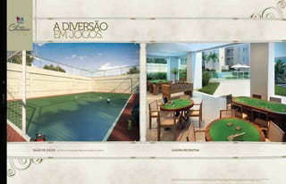 SALÃODEjogos -ENTREGUECOMBILHAR,PEBOLIMEMESASDECARTAS. QUADRARECREATIVA
adiversão
EMjogoS.
Perspectivas artísticas do salão de jogos e da quadra recreativa. Imagem ilustrativa. Os itens de mobília, decoração e acabamento serão entregues conforme o memorial descritivo. A locação de elementos
estruturais pode variar de acordo com exigências técnicas. A vegetação será entregue conforme o projeto de paisagismo. As espécies poderão apresentar variação de porte e floração.
//LAZER36
 