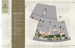 //IMPLANTAÇÃO52
24
23
21
20
18
19
17
20
20
14
21
19
19
24
23
23
09080705
06
03
01
04
22
02
10 13
15
16
11
23
12
SUBSOLO 01
01 -	 Port-cochère
02 -	 Pulmão de veículos com entrada
e saída independentes
03 -	 Pulmão social
04 -	 Lobby com pé-direito triplo
05 -	 Guarita
06 -	 Correspondências
07 -	 Pulmão de serviço independente
do acesso social
08 -	 W.C.s
09 -	 Sala do síndico
10 -	 D.M.L. (Depósito de Material de
Limpeza)
11 -	 Copa
12 -	 Bicicletário
13 -	 Lixo
14 -	 Seleção de lixo
15 -	 Central de gás
16 -	 Vagas de garagem p/ visitantes
17 -	 Acesso de veículos com entrada
e saída independentes
18 -	 Rampa de acesso ao térreo
19 -	 Circulação de veículos
20 -	 Vagas de garagem
21 -	 Escaninhos
22 -	 Elevador de acesso ao lazer
23 -	 Elevadores
24 -	 Escadas Pressurizadas
Implantação artística do térreo. Imagem ilustrativa. Os itens de mobília, decoração e acabamento serão entregues conforme o memorial descritivo. A locação de elementos estruturais pode variar de
acordo com as exigências técnicas. A vegetação será entregue conforme o projeto de paisagismo. As espécies poderão apresentar variação de porte e floração.
 