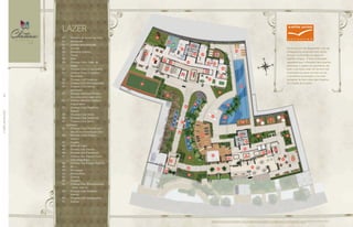 08
47
46
45
41
57
42
40
38
24
39
44
23
4949
23
2851
50
54
55
23
52
5332
43
57
26
27
27
23
28
50
29
23
23 30
31
32 33
57 57
34
34
34
26
37
37
37
57
57
25
26
22
35
36
31
56
24
48
LAZER
22 -	 Elevador de acesso ao lazer
23 -	 Elevadores
24 -	 Escadas pressurizadas
25 -	 Lounge
26 -	 Passarela coberta
27 -	 Praças
28 -	 Halls
29 -	 Chateau Party (Salão de
festas)
30 -	 Chateau Party (Copa buffet)
31 -	 Chateau Party (2 Espaços
Gourmets)
32 -	 Chateau Grill (Varanda)
33 -	 Chateau Grill (Churrasqueira)
34 -	 Chateau Club (Decks
privativos)
35 -	 Chateau Wellness (Fitness -
musculação/alongamento)
36 -	 Chateau Wellness (Espaço
yoga/pilates)
37 -	 Chateau Club (Espelhos
d’água)
38 -	 Chateau Club (Deck)
39 -	 Chateau Club (Solarium)
40 -	 Chateau Club (Deck
molhado)
41 -	 Chateau Club (Piscina com
raia 25 m e iluminação LED)
42 -	 Chateau Club (Piscina
infantil)
43 -	 Quadra
44 -	 Salão de jogos
45 -	 Chateau Spa (Sauna)
46 -	 Chateau Spa (Descanso)
47 -	 Chateau Spa (Espaço hidro
com pergolado)
48 -	 Chateau Spa (Espaço Mulher)
49 -	 W.C.s
50 -	 Circulação
51 -	 Home office
52 -	 Cinema
53 -	 Fraldário
54 -	 Chateau Kids (Brinquedoteca
/ Ateliê infantil)
55 -	 Chateau Kids (Varanda
infantil)
56 -	 Chateau Kids (Playground)
57 -	 Jardins
//IMPLANTAÇÃO54
Implantação artística do lazer. Imagem ilustrativa. Os itens de mobília, decoração e acabamento serão entregues conforme o memorial descritivo. A locação de elementos estruturais pode variar de
acordo com as exigências técnicas. A vegetação será entregue conforme o projeto de paisagismo. As espécies poderão apresentar variação de porte e floração.
Encanto, som de passarinho, som de
folhagens se mexendo com vento,
árvores, burburinho da água no
espelho d’água... É esta a sensação
agradável que o morador terá quando
atravessar o jardim do pavimento de
lazer.A primeira visão do terreno me
impressionou pelas árvores na rua
e excelente localização, e foi esta
sensação de bem estar que inspirou
na criação do projeto.
 