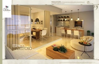 Perspectiva artística do terraço outliving da Torre Boulevard. Sugestão de layout e decoração com móveis e objetos não fazendo parte do contrato. Equipamentos e acabamentos serão entregues conforme memorial
descritivo. A locação de elementos estruturais pode variar de acordo com exigências técnicas. *Sugestão de personalização sujeita a custo adicional, viabilidade técnica e ao cronograma da obra.
TERRAÇOOUTLIVING-INTEGRAÇÃOENTRELIVING,VARANDAECOZINHA.VARANDAENTREGUECOM
CHURRASQUEIRAACARVÃOCOMDUTODEEXAUSTÃOEBANCADAEMGRANITOCOMCUBAEPONTOELÉTRICO
PARACHOPPEIRA.Sugestãodepersonalização*.
ESPAÇO
MAJESTOSO.
//APARTAMENTO76
 