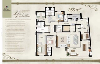 233 m2*
DESCUBRA PORQUE ESTA PLANTA É REALMENTE SUPERIOR
1.	 Todos os apartamentos voltados para o sol nascente.
2.	 Circulação dos quartos para a cozinha sem passar pela
área social.
3.	 Área íntima completamente isolada da área social por
portas.
4.	 Lavabo em local que dá mais privacidade aos usuários.
5.	 Laje técnica localizada distante dos quartos (para
instalação das condensadoras de ar-condicionado,
equipamento para aspiração de pó central e aquecedor
de água).
6.	 Hall social privativo (não comunica com o apartamento
vizinho) com porta pivotante.
7.	 PREVISÃO PARA AR-CONDICIONADO TIPO SPLIT NAS SUÍTES,
ESTAR/ JANTAR E VARANDA.
8.	 INFRAESTRUTURA DE ASPIRAÇÃO DE PÓ e para água quente.
9.	 BANCADAs DOs banhos e do LAVABO EM MÁRMORE.
10.	 PISO DA COZINHA, E HALL DE SERVIÇO EM PORCELANATO.
11.	 PREVISÃO DE CARGA ESTRUTURAL PARA FECHAMENTO
DA VARANDA COM CORTINA DE VIDRO.
12.	 BACIAS SANITÁRIAS COM CAIXA ACOPLADA.
13.	 01 ESCANINHO POR APARTAMENTO.
14.	 Boxes dos banhos sociais confortáveis projetados
para melhor aproveitamento do espaço.
15.	 Quarto de serviço estrategicamente localizado para
permitir diversas possibilidades de personalização
16.	 Quartos com layout inteligente com espaços para
armários maiores e janelas bem posicionadas.
Apartamento 4 suítes do 5o
ao 30 pavimento da Torre Parc. Sugestão de layout e decoração com móveis e objetos não fazendo parte do contrato. Equipamentos e acabamentos serão entregues
conforme memorial descritivo. A locação de elementos estruturais pode variar de acordo com exigências técnicas. *Medida aproximada considerando escaninho e laje técnica. Na área privativa
indicada acima, não estão incluídas as áreas das vagas de garagem.
conheça mais detalhes e diferenciais de projeto, acabamentos e tecnologia na página xx.
APARTAMENTO
TORRE PARC
//PLANTA82
 
