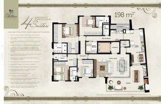 198 m2*
1.	 Todos os apartamentos voltados para o sol nascente.
2.	 Circulação dos quartos para a cozinha sem passar pela
área social.
3.	 Área íntima completamente isolada da área social por
portas.
4.	 Lavabo em local que dá mais privacidade aos usuários.
5.	 Laje técnica localizada distante dos quartos (para
instalação das condensadoras de ar-condicionado,
equipamento para aspiração de pó central e aquecedor
de água).
6.	 Hall social privativo (não comunica com o apartamento
vizinho) com porta pivotante.
7.	 previsão PARA AR-CONDICIONADO TIPO SPLIT NAS SUÍTES,
ESTAR/ JANTAR E VARANDA.
8.	 INFRAESTRUTURA DE ASPIRAÇÃO DE PÓ e para água quente.
9.	 BANCADAs DOs banhos e do LAVABO EM MÁRMORE.
10.	 PISO DA COZINHA, E HALL DE SERVIÇO EM PORCELANATO.
11.	 PREVISÃO DE CARGA ESTRUTURAL PARA FECHAMENTO
DA VARANDA COM CORTINA DE VIDRO.
12.	 BACIAS SANITÁRIAS COM CAIXA ACOPLADA.
13.	 01 ESCANINHO POR APARTAMENTO.
14.	 Boxes dos banhos sociais confortáveis projetados
para melhor aproveitamento do espaço.
15.	 Quarto de serviço estrategicamente localizado para
permitir diversas possibilidades de personalização
16.	 Quartos com layout inteligente com espaços para
armários maiores e janelas bem posicionadas.
Apartamento 4 suítes do 5o
ao 30o
pavimento da Torre Boulevard. Sugestão de layout e decoração com móveis e objetos não fazendo parte do contrato. Equipamentos e acabamentos serão entregues
conforme memorial descritivo.A locação de elementos estruturais pode variar de acordo com exigências técnicas. *Medida aproximada considerando escaninho e laje técnica. Na área privativa indicada
acima, não estão incluídas as áreas das vagas de garagem.
conheça mais detalhes e diferenciais de projeto, acabamentos e tecnologia na página xx.
DESCUBRA PORQUE ESTA PLANTA É REALMENTE SUPERIOR
APARTAMENTO
TORRE BOULEVARD
//PLANTA84
 