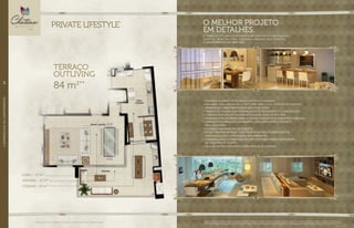 //DIFERENCIAISDOAPARTAMENTO88
O Terraço Outliving é uma marca registrada dos residenciais
LifeStyle. União de living, cozinha e varanda, esse conceito
é uma referência no mercado.
•	Varanda gourmet integrada a cozinha e varanda.
•	Varanda com largura de 2,7 m (Torre Parc) ou 2,4 m (Torre Boulevard).
Medidas que permitem melhor layout de estar.
•	Terraço Outliving com possibilidade de fechamento e climatização
•	Cozinha com layout que permite sala de almoço tipo pub.
•	VARANDA COM CHURRASQUEIRA A CARVÃO COM DUTO DE EXAUSTÃO E GRELHAS.
•	VARANDA COM BANCADA EM GRANITO COM CUBA e PONTO ELÉTRICO
PARA CHOPPEIRA.
•	COZINHA COM BANCADA EM GRANITO.
•	ESTRUTURA BEM DEFINIDA, COM POUCOS PILARES, POSSIBILIDADE DE
PERSONALIZAÇÃO E INTEGRAÇÃO DOS AMBIENTES.
•	Varanda larga, otimizando seu uso e possibilitando a utilização
de mesa para 8 lugares
•	Sala de jantar com espaço para mesa de 10 lugares.
LIVING – 37 m2**
VARANDA – 27 m2**
COZINHA – 20 m2**
TERRAÇO
OUTLIVING
84 m2**
Perspectivas artísticas do terraço outliving e do living da Torre Boulevard. Detalhe da planta do apartamento - terraço outliving Torre Parc. Sugestão de layout e decoração com móveis e objetos não fazendo parte do contrato.
Equipamentos e acabamentos serão entregues conforme memorial descritivo. A locação de elementos estruturais pode variar de acordo com exigências técnicas. As perspectivas artísticas apresentam sugestão de personalização
sujeita a custo adicional, viabilidade técnica e ao cronograma da obra. *Todos os diferenciais serão entregues conforme memorial descritivo. **Medida aproximada, referente ao terraço outliving dos aptos. da Torre Parc.
Imagens ilustrativas. *Todos os diferenciais serão entregues conforme memorial descritivo. **Medida aproximada.
O MELHOR PROJETO
EM DETALHES.
PRIVATE LIFESTYLE*
 