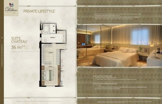 //DIFERENCIAISDOAPARTAMENTO90
36 m2**
•	 BANHOS DAS SUÍTES COM BANCADA EM MÁRMORE, PISO EM PORCELANATO E BOX
TOTALMENTE REVESTIDO EM PORCELANATO.
•	 Suíte master com closet que não prejudica a circulação no ambiente.
•	 torneiras e chuveiros com misturadores de monocomando.
SUÍTE MASTER TORRE PARC:
•	 CLOSET do tipo “quarto de vestir”.
•	 2 LAVATORIOS, box com 2 CHUVEIROS e BANHEIRA de hidromassagem.
SUÍTE MASTER TORRE BOULEVARD:
•	 CLOSET.
•	 2 LAVATÓRIOS, box com 2 CHUVEIROS e previsão para banheira de hidromassagem.
•	 vista para a alameda ricardo paranhos.
Perspectiva artística da suíte master apto. Torre Boulevard. Detalhe de planta do apartamento - suíte da Torre Parc. Sugestão de layout e decoração com móveis e objetos não fazendo parte do contrato.
Equipamentos e acabamentos serão entregues conforme memorial descritivo. A locação de elementos estruturais pode variar de acordo com exigências técnicas. *Todos os diferenciais serão entregues
conforme memorial descritivo. **Medida aproximada, referente à suíte master dos aptos. da Torre Parc.
Imagens ilustrativas. *Todos os diferenciais serão entregues conforme memorial descritivo. **Medida aproximada, referente à suíte master dos aptos. da Torre Parc.
PRIVATE LIFESTYLE*
SUÍTE
CHATEAU
 