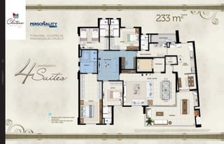 O P T I O N
//PERSONALITY104
APARTAMENTO
TORRE PARC - SUGESTÃO DE
PERSONALIZAÇÃO OPÇÃO 2*
•	 Redução do banho master, para a criação
da sala íntima.
•	 Eliminação do quarto de serviços, para
criar o office + adega.
Apartamento 4 suítes do 5O ao 30O pavimento. Sugestão de layout e decoração com móveis e objetos não fazendo parte do contrato. Equipamentos e acabamentos serão entregues conforme memorial
descritivo. A locação de elementos estruturais pode variar de acordo com exigências técnicas. *Sugestão de personalização sujeita a custo adicional, viabilidade técnica e ao cronograma da obra. Para
mais informações do Personality e detalhes técnicos da sugestão de personalização consulte a central de relacionamento EBM. **Medida aproximada considerando escaninho e laje técnica. Na área
privativa indicada acima, não estão incluídas as áreas das vagas de garagem.
233 m2**
 
