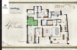 //PERSONALITY106
Apartamento 4 suítes do 5O ao 30O pavimento. Sugestão de layout e decoração com móveis e objetos não fazendo parte do contrato. Equipamentos e acabamentos serão entregues conforme memorial
descritivo. A locação de elementos estruturais pode variar de acordo com exigências técnicas. *Sugestão de personalização sujeita a custo adicional, viabilidade técnica e ao cronograma da obra. Para
mais informações do Personality e detalhes técnicos da sugestão de personalização consulte a central de relacionamento EBM. **Medida aproximada considerando escaninho e laje técnica. Na área
privativa indicada acima, não estão incluídas as áreas das vagas de garagem..
233 m2**
APARTAMENTO
TORRE PARC - SUGESTÃO DE
PERSONALIZAÇÃO OPÇÃO 3*
•	 Mudança de layout do banho 3 com
a criação do banho sr. e sra.
O P T I O N
 