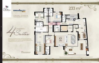 //PERSONALITY108
Apartamento 4 suítes do 5O ao 30O pavimento. Sugestão de layout e decoração com móveis e objetos não fazendo parte do contrato. Equipamentos e acabamentos serão entregues conforme memorial
descritivo. A locação de elementos estruturais pode variar de acordo com exigências técnicas. *Sugestão de personalização sujeita a custo adicional, viabilidade técnica e ao cronograma da obra. Para
mais informações do Personality e detalhes técnicos da sugestão de personalização consulte a central de relacionamento EBM. **Medida aproximada considerando escaninho e laje técnica. Na área
privativa indicada acima, não estão incluídas as áreas das vagas de garagem.
233 m2**
APARTAMENTO
TORRE PARC - SUGESTÃO DE
PERSONALIZAÇÃO OPÇÃO 4*
•	 My Way:
fechamento do acesso íntimo-serviços,
com a criação de rouparia/armário.
W A Y
CASO OS KITS DE PERSONALIZAÇÃO OFERECIDOS NÃO ATENDAM ÀS
SUAS NECESSIDADES E VOCÊ QUEIRA ALGO MAIS ESPECÍFICO, CONTE
COM O PERSONALITY WAY. A ESCOLHA CERTA PARA ALTERNATIVAS MAIS
CUSTOMIZADAS COMO A PLANTA AO LADO.
 