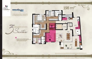 //PERSONALITY110
198 m2**
Apartamento 4 suítes do 5O ao 30O pavimento. Sugestão de layout e decoração com móveis e objetos não fazendo parte do contrato. Equipamentos e acabamentos serão entregues conforme memorial
descritivo. A locação de elementos estruturais pode variar de acordo com exigências técnicas. *Sugestão de personalização sujeita a custo adicional, viabilidade técnica e ao cronograma da obra. Para mais
informações do Personality e detalhes técnicos da sugestão de personalização consulte a central de relacionamento EBM. **Medida aproximada considerando escaninho e laje técnica. Na área privativa
indicada acima, não estão incluídas as áreas das vagas de garagem.
APARTAMENTO DECORADO
TORRE BOULEVARD - SUGESTÃO
DE PERSONALIZAÇÃO OPÇÃO 1*
•	 Eliminação da suíte 4 para a ampliação do estar/jantar.
•	 Eliminação do quarto de serviços, para a criação office + adega.
•	 Ampliação das bancadas da cozinha e varanda.
•	 Acréscimo de bancada na área de serviço.
O P T I O N
 