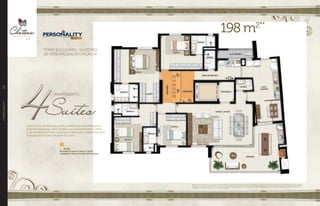 //PERSONALITY116
Apartamento 4 suítes do 5O ao 30O pavimento. Sugestão de layout e decoração com móveis e objetos não fazendo parte do contrato. Equipamentos e acabamentos serão entregues conforme memorial
descritivo. A locação de elementos estruturais pode variar de acordo com exigências técnicas. *Sugestão de personalização sujeita a custo adicional, viabilidade técnica e ao cronograma da obra. Para mais
informações do Personality e detalhes técnicos da sugestão de personalização consulte a central de relacionamento EBM. **Medida aproximada considerando escaninho e laje técnica. Na área privativa
indicada acima, não estão incluídas as áreas das vagas de garagem.
APARTAMENTO
198 m2**
TORRE BOULEVARD - SUGESTÃO
DE PERSONALIZAÇÃO OPÇÃO 4*
•	 My Way:
Eliminação do quarto de serviços, criando
a despensa e rouparia entre área íntima-serviços.
W A Y
CASO OS KITS DE PERSONALIZAÇÃO OFERECIDOS NÃO ATENDAM ÀS
SUAS NECESSIDADES E VOCÊ QUEIRA ALGO MAIS ESPECÍFICO, CONTE
COM O PERSONALITY WAY. A ESCOLHA CERTA PARA ALTERNATIVAS MAIS
CUSTOMIZADAS COMO A PLANTA AO LADO.
 