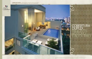COBERTURA
DUPLEX:
REQUINTE
AOTOPO
EAODOBRO.
//DUPLEX120
Apartamento 4 suítes do 31o e 32o pavimento. Sugestão de layout e decoração com móveis e objetos não fazendo parte do contrato. Equipamentos e acabamentos serão entregues conforme memorial
descritivo. A locação de elementos estruturais pode variar de acordo com exigências técnicas. *Medida aproximada.
COBERTURADUPLEX -VARANDAINTEGRADACOMESTAR/JANTARECOPA/COZINHA,
SAUNAEPISCINACOMDECK.ÁREATOTALCOBERTA:168M²*.ÁREATOTALDESCOBERTA:60M²*
 