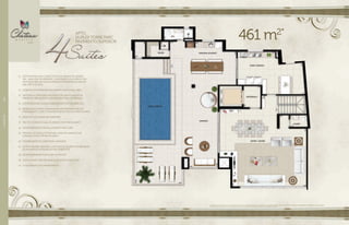 //DUPLEX124
Apartamento 4 suítes do 31o
ao 32o
pavimento da Torre Parc. Sugestão de layout e decoração com móveis e objetos não fazendo parte do contrato. Equipamentos e acabamentos serão entregues
conforme memorial descritivo. A locação de elementos estruturais pode variar de acordo com exigências técnicas.
461 m2*APTO.
DUPLEX TORRE PARC
PAVIMENTO SUPERIOR
11.	 SUÍTE MASTER COM CLOSET COM 31 M². BANHO SR., BANHO
SRA., BANCADA DE MÁRMORE, LAVATÓRIOS E CHUVEIROS COM
MISTURADORES EM MONOCOMANDO E BANHEIRA NO BANHO
SRA. PERTO DO BOX.
12.	 COZINHA COM BANCADA EM GRANITO COM DUAS CUBAS.
13.	 ANTESSALA COM PORTA PIVOTANTE DE 1,00 M E ELEVADOR
PRIVATIVO SEM LIGAÇÃO COM ESCADA E HALL DE SERVIÇO.
14.	 SUÍTES GRANDES, SENDO A MENOR COM 11 M² DE ÁREA ÚTIL.
15.	 BANHOS DAS SUÍTES COM BANCADA EM MÁRMORE, PISO EM
PORCELANATO E BOX TOTALMENTE REVESTIDO EM PORCELANATO
16.	 BANCADA DO LAVABO EM MÁRMORE.
17.	 PISO DA COZINHA E HALL DE SERVIÇO EM PORCELANATO
18.	 DUPLEX INFERIOR COM SALA ÍNTIMA E MINI COPA.
19.	 PREVISÃO DE CARGA ESTRUTURAL PARA FECHAMENTO DA
VARANDA COM CORTINA DE VIDRO.
20.	 POSSIBILIDADE DE CLIMATIZAR A VARANDA.
21.	 ESTRUTURA BEM DEFINIDA, COM POUCOS PILARES, POSSIBILIDADE
DE MUDANÇA E INTEGRAÇÃO DOS AMBIENTES.
22.	 BACIAS SANITÁRIAS COM CAIXA ACOPLADA.
23.	 ALÉM DA SUÍTE MÁSTER, MAIS DUAS SUÍTES COM CLOSET.
24.	 01 ESCANINHO POR APARTAMENTO.
 