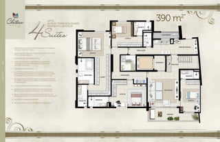 //DUPLEX126
1.	 AREJADORES DE VAZÃO EM TODAS AS TORNEIRAS DOS BANHOS,
COZINHA, VARANDA E LAVABO.
2.	 INFRAESTRUTURA PARA AR-CONDICIONADO TIPO SPLIT: SUÍTES,
ESTAR / JANTAR E VARANDA.
3.	 INFRAESTRUTURA DE ASPIRAÇÃO DE PÓ.
4.	 INFRAESTRUTURA PARA CLIMATIZAÇÃO DA PISCINA POR
TROCADOR DE CALOR E PARA INSTALAÇÃO DE FILTROS
E MOTORES DA PISCINA.
5.	 previsão para SAUNA ÚMIDA.
6.	 LAJE TÉCNICA PARA INSTALAÇÃO DA CONDENSADORA DE AR-
CONDICIONADO, EQUIPAMENTO DA ASPIRAÇÃO DE PÓ CENTRAL
E EQUIPAMENTO DO AQUECEDOR DE ACUMULAÇÃO À GÁS.
7.	 INFRAESTRUTURA PARA ÁGUA QUENTE NOS BANHOS DE TODAS
AS SUÍTES (LAVATÓRIOS E CHUVEIROS E NA BANHEIRA DO BANHO
DA SÚITE MASTER).
8.	 COZINHA COM BANCADA EM GRANITO COM DUAS CUBAS.
9.	 ANTESSALA COM PORTA PIVOTANTE DE 1,00 M E ELEVADOR
PRIVATIVO SEM LIGAÇÃO COM ESCADA E HALL DE SERVIÇO.
10.	 BANHOS DAS SUÍTES COM BANCADA EM MÁRMORE, PISO EM
PORCELANATO E BOX TOTALMENTE REVESTIDO EM PORCELANATO
11.	 BANCADA DO LAVABO EM MÁRMORE.
12.	 PISO DA COZINHA E HALL DE SERVIÇO EM PORCELANATO
390 m2*
Apartamento 4 suítes do 31o
ao 32o
pavimento da Torre Boulevard. Sugestão de layout e decoração com móveis e objetos não fazendo parte do contrato. Equipamentos e acabamentos serão entregues
conforme memorial descritivo. A locação de elementos estruturais pode variar de acordo com exigências técnicas.
APTO.
DUPLEX TORRE BOULEVARD
PAVIMENTO INFERIOR
 