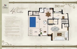 //DUPLEX128
390 m2*
Apartamento 4 suítes do 31o
ao 32o
pavimento da Torre Boulevard. Sugestão de layout e decoração com móveis e objetos não fazendo parte do contrato. Equipamentos e acabamentos serão entregues
conforme memorial descritivo. A locação de elementos estruturais pode variar de acordo com exigências técnicas.
APTO.
DUPLEX TORRE BOULEVARD
PAVIMENTO SUPERIOR
13.	 DUPLEX INFERIOR COM SALA ÍNTIMA E MINI COPA.
14.	 PREVISÃO DE CARGA ESTRUTURAL PARA FECHAMENTO DA
VARANDA COM CORTINA DE VIDRO.
15.	 POSSIBILIDADE DE CLIMATIZAR A VARANDA.
16.	 ESTRUTURA BEM DEFINIDA, COM POUCOS PILARES, POSSIBILIDADE
DE MUDANÇA E INTEGRAÇÃO DOS AMBIENTES.
17.	 BACIAS SANITÁRIAS COM CAIXA ACOPLADA.
18.	 01 ESCANINHO POR APARTAMENTO.
19.	 VARANDA / VARANDA GOURMET COM 46 M².
20.	 VARANDA COM BANCADA EM GRANITO COM CUBA, PONTO
ELÉTRICO PARA CHOPPEIRA, CHURRASQUEIRA À CARVÃO COM
DUTO DE EXAUSTÃO E GRELHAS.
21.	 VARANDA INTEGRADA COM ESTAR / JANTAR E COPA / COZINHA,
WC, SAUNA E PISCINA COM DECK, TOTALIZANDO E 127 M² DE ÁREA
COBERTA E 38 M² DE ÁREA DESCOBERTA, NA COBERTURA DUPLEX
SUPERIOR TORRE BOULEVARD.
22.	 SUÍTE MASTER COM CLOSET COM 28 M² NA TORRE BOULEVARD.
BANHO SR., BANHO SRA., BANCADA DE MÁRMORE, LAVATÓRIOS
E CHUVEIROS COM MISTURADORES EM MONOCOMANDO E
BANHEIRA
23.	 SUÍTES GRANDES. A MENOR SUÍTE COM 11 M²
24.	 ALÉM DA SUÍTE MÁSTER, MAIS UMA SUÍTE COM CLOSET NA TORRE
BOULEVARD
 