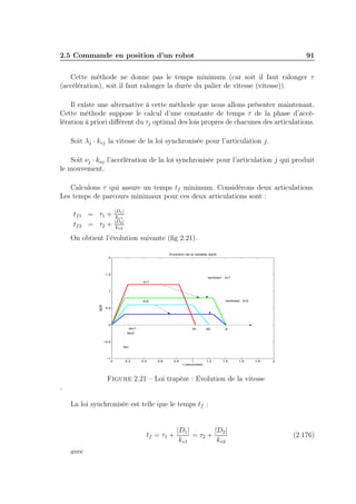 2.5 Commande en position d’un robot 91 
Cette méthode ne donne pas le temps minimum (car soit il faut ralonger τ 
(accélération), soit il faut ralonger la durée du palier de vitesse (vitesse)). 
Il existe une alternative à cette méthode que nous allons présenter maintenant. 
Cette méthode suppose le calcul d’une constante de temps τ de la phase d’accé-lération 
à priori différent du τj optimal des lois propres de chacunes des articulations. 
Soit λj · kvj la vitesse de la loi synchronisée pour l’articulation j. 
Soit νj · kaj l’accélération de la loi synchronisée pour l’articulation j qui produit 
le mouvement. 
Calculons τ qui assure un temps tf minimum. Considérons deux articulations. 
Les temps de parcours minimaux pour ces deux articulations sont : 
tf1 = τ1 + |D1| 
kv1 
tf2 = τ2 + |D2| 
kv2 
On obtient l’évolution suivante (fig 2.21). 
tau2 
lambda1 . kv1 
lambda2 . kv2 
0 0.2 0.4 0.6 0.8 1 1.2 1.4 1.6 1.8 2 
2 
1.5 
1 
0.5 
0 
−0.5 
−1 
Evolution de la variable dq/dt 
t (secondes) 
dq/dt 
tau1 
tau 
tf1 tf2 tf 
kv1 
kv2 
Figure 2.21 – Loi trapèze : Evolution de la vitesse 
. 
La loi synchronisée est telle que le temps tf : 
tf = τ1 + |D1| 
kv1 
= τ2 + |D2| 
kv2 
(2.176) 
avec 
 