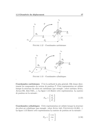 1.2 Géométrie du déplacement 17 
y0 
x0 
z0 
R0 
xn 
yn 
zn 
Rn 
T 
Pz 
P Px y 
Figure 1.12 – Coordonnées cartésiennes 
. 
y0 
x0 
z0 
R0 
xn 
yn 
zn 
Rn 
T 
α 
r 
z 
Figure 1.13 – Coordonnées cylindriques 
. 
Coordonnées cartésiennes C’est la méthode la plus générale. Elle donne direc-tement 
les composantes du vecteur de position P. Cette représentation est utilisée 
lorsque la structure du robot est cartésienne (par exemple : robot cartésien Afma, 
Acma-p80, Ibm-7565,...). La figure 1.12 illustre cette représentation. La matrice 
de position est la suivante : 
Pcar = 
 
 
Px 
Py 
Pz 
 
 (1.57) 
Coordonnées cylindriques Cette représentation est utilisée lorsque la structure 
du robot est cylindrique (par exemple : robot Acma th8, Cincinnati-t3-363,...). 
La figure 1.13 illustre cette représentation La matrice de position est la suivante : 
Pcyl = 
 
 
r.cα 
rsα 
z 
 
 (1.58) 
 