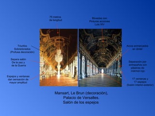 Mansart, Le Brun (decoración), Palacio de Versalles. Salón de los espejos  17 ventanas y 17 espejos (fusión interior-exterior) Bóvedas con Pinturas acciones Luis XIV Separación por entrepaños con pilastras de mármol rojo Arcos enmarcados en dintel 75 metros  de longitud Separa salón De la paz y de la Guerra Espejos y ventanas dan sensación de mayor amplitud Triunfos Sobredorados (Profusa decoración) 