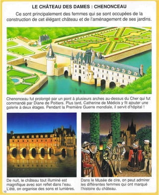 LE CHÂTEAU DES DAMES : CHENONCEAU
Ce sont principalement des femmes qui se sont occupées de la
construction de cet élégant château et de l'aménagement de ses jardins.
Chenonceau fut prolongé par un pont à plusieurs arches au-dessus du Cher qui fut
commandé par Diane de Poitiers. Plus tard, Catherine de Médicis y fit ajouter une
galerie à deux étages. Pendant la Première Guerre mondiale, il servit d'hôpital !
10
De nuit, le château tout illuminé est
magnifique avec son reflet dans l'eau.
L'été, on organise des sons et lumières
Dans le Musée de cire, on peut admirer
les différentes femmes qui ont marqué
l'histoire du château.
 