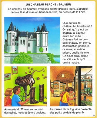 UN CHATEAU PERCHE :SAUMUR
Le château de Saumur, avec ses quatre grosses tours, s'aperçoit
de loin. Il se dresse en haut de la ville, au-dessus de la Loire.
Au musée du Cheval se trouvent
des selles, mors et étriers anciens.
Que de fois ce
château fut transformé
On sait qu'il y eut un
château à Saumur
avant l'an mille !
Château fort en bois,
puis château en pierre,
construction princière,
caserne, et même
prison, quelle histoire !
Ce n'est qu'au début
du XXe
siècle qu'il
devint musée.
Le musée de la Figurine présente
des petits soldats de plomb.
17
 