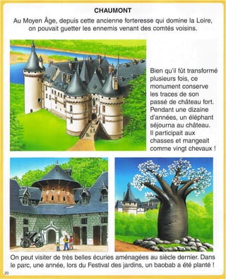Au h
CHAUMONT
Au Moyen Age, depuis cette ancienne forteresse qui domine la Loire,
on pouvait guetter les ennemis venant des comtés voisins.
Bien qu'il fût transformé
plusieurs fois, ce
monument conserve
les traces de son
passé de château fort.
Pendant une dizaine
d'années, un éléphant
séjourna au château.
Il participait aux
chasses et mangeait
comme vingt chevaux !
On peut visiter de très belles écuries aménagées au siècle dernier. Dans
le parc, une année, lors du Festival des jardins, un baobab a été planté !
20
 