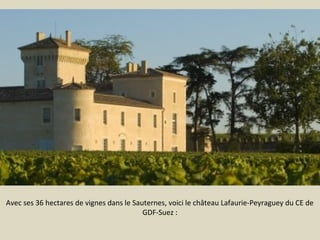 Avec ses 36 hectares de vignes dans le Sauternes, voici le château Lafaurie-Peyraguey du CE de
GDF-Suez :

 