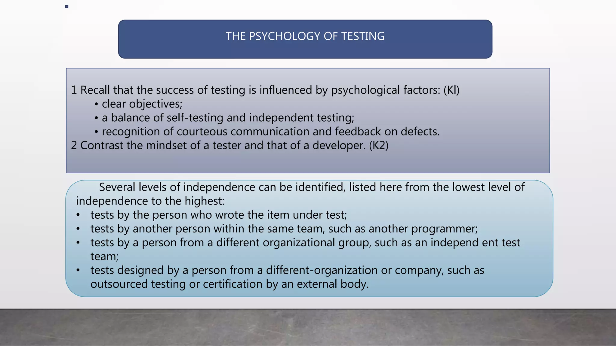 THE PSYCHOLOGY OF TESTING
1 Recall that the success of testing is influenced by psychological factors: (Kl)
• clear objectives;
• a balance of self-testing and independent testing;
• recognition of courteous communication and feedback on defects.
2 Contrast the mindset of a tester and that of a developer. (K2)
Several levels of independence can be identified, listed here from the lowest level of
independence to the highest:
• tests by the person who wrote the item under test;
• tests by another person within the same team, such as another programmer;
• tests by a person from a different organizational group, such as an independ ent test
team;
• tests designed by a person from a different-organization or company, such as
outsourced testing or certification by an external body.
 