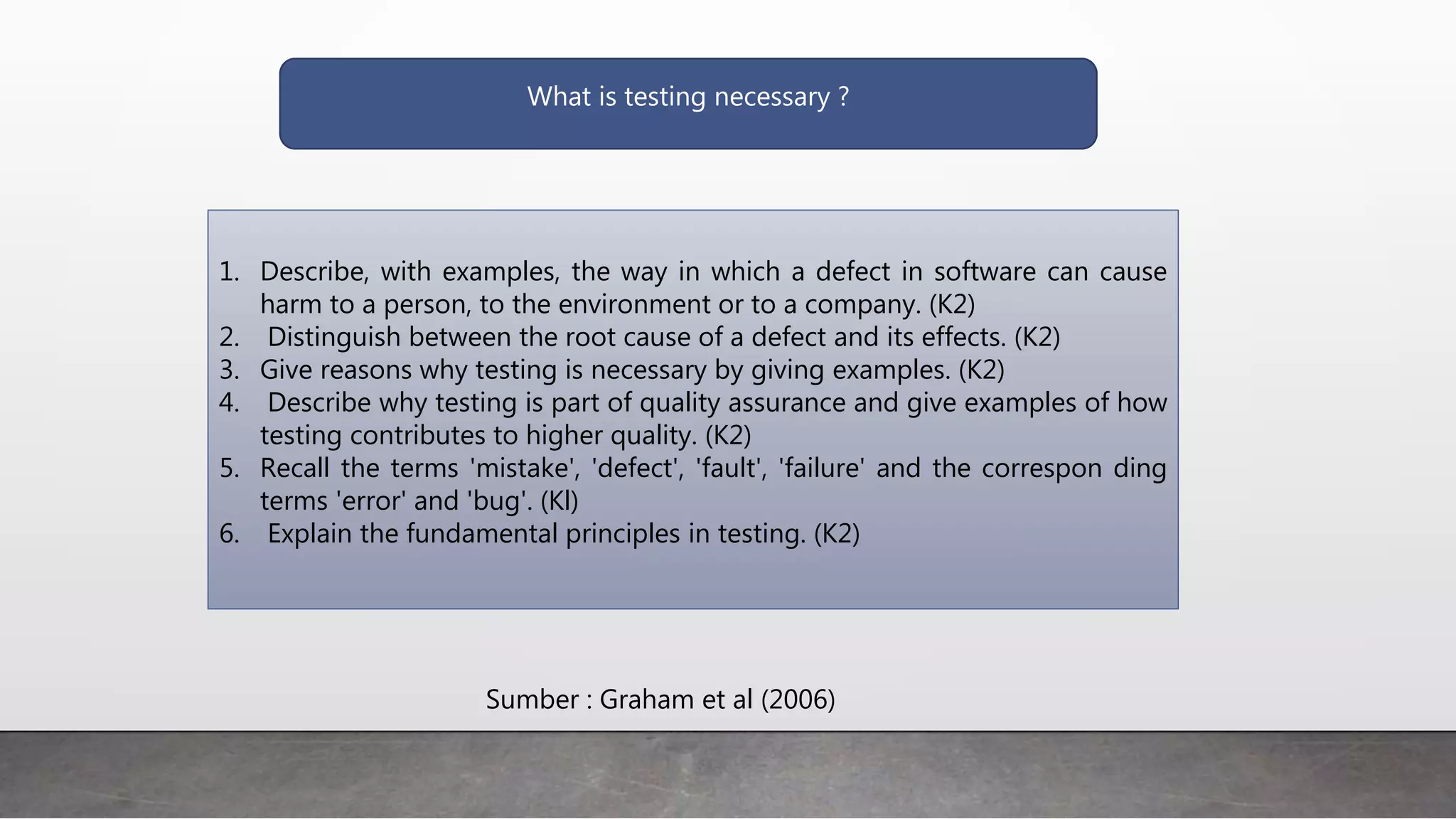 What is testing necessary ?
1. Describe, with examples, the way in which a defect in software can cause
harm to a person, to the environment or to a company. (K2)
2. Distinguish between the root cause of a defect and its effects. (K2)
3. Give reasons why testing is necessary by giving examples. (K2)
4. Describe why testing is part of quality assurance and give examples of how
testing contributes to higher quality. (K2)
5. Recall the terms 'mistake', 'defect', 'fault', 'failure' and the correspon ding
terms 'error' and 'bug'. (Kl)
6. Explain the fundamental principles in testing. (K2)
Sumber : Graham et al (2006)
 