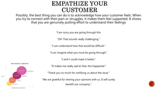 Possibly, the best thing you can do is to acknowledge how your customer feels. When
you try to connect with their pain or struggles, it makes them feel supported. It shows
that you are genuinely putting effort to understand their feelings
“I am sorry you are going through this
“Oh! That sounds really challenging.”
“I can understand how that would be difficult.”
“I can imagine what you must be going through.”
“I wish I could make it better.”
“It makes me really sad to hear this happened.”
“Thank you so much for notifying us about the issue.”
“We are grateful for sharing your opinions with us. It will surely
benefit our company.”
 