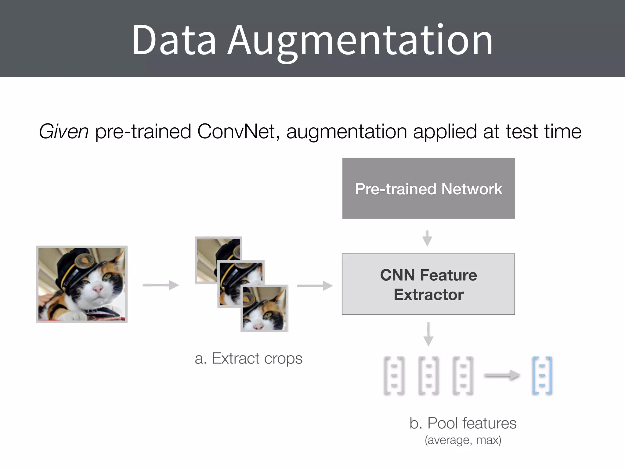 Data Augmentation
Given pre-trained ConvNet, augmentation applied at test time
CNN Feature
Extractor
Pre-trained Network
a. Extract crops
b. Pool features
(average, max)
 