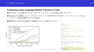 CodeX, Copilot
Evaluating Large Language Models Trained on Code
n GPTのような⾔語モデルをプログラミングコードの⽣成に⽤いたモデル
n GitHubから獲得したコードのデータセットでGPTのモデルをファインチューニングした
パラメータ数120億のモデルを使⽤
n 最終的には77.5%の割合で評価のテストに通るモデルに
Shota Imai | The University of Tokyo
22
 